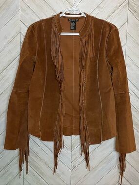 bebe Brown Suede Fringe Open Front Jacket